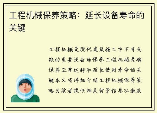 工程机械保养策略：延长设备寿命的关键