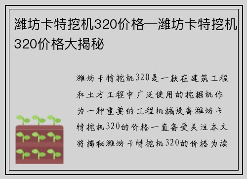 潍坊卡特挖机320价格—潍坊卡特挖机320价格大揭秘