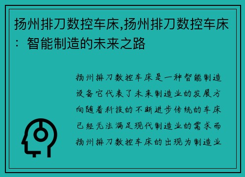 扬州排刀数控车床,扬州排刀数控车床：智能制造的未来之路